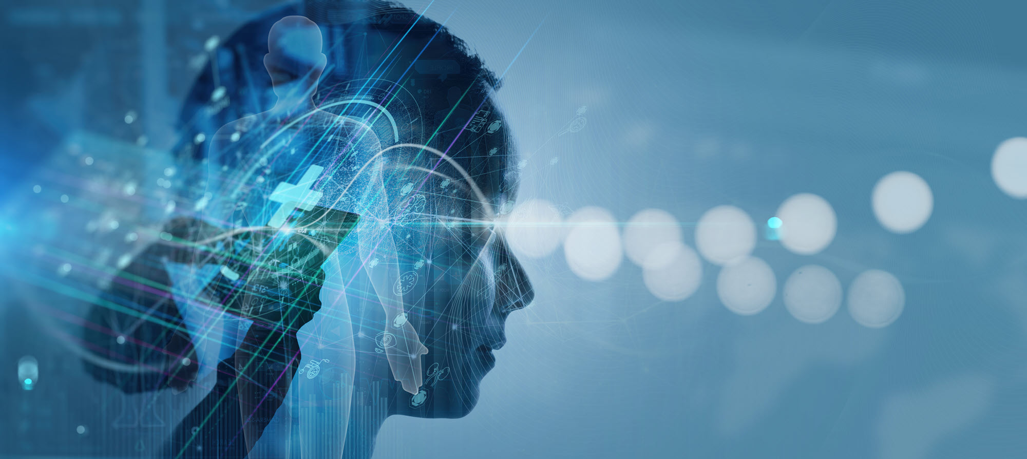 Digital human head with neural networks representing AI-powered personal health data technology